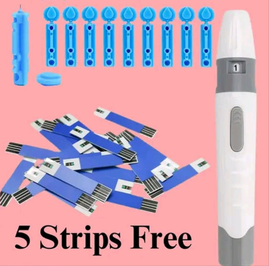Digital Blood Glucose Monitor, Blood Sugar Check Machine (1 Machine +1 Cell +1 Pen Lancets + Box + Manual + 5 Strips)💫