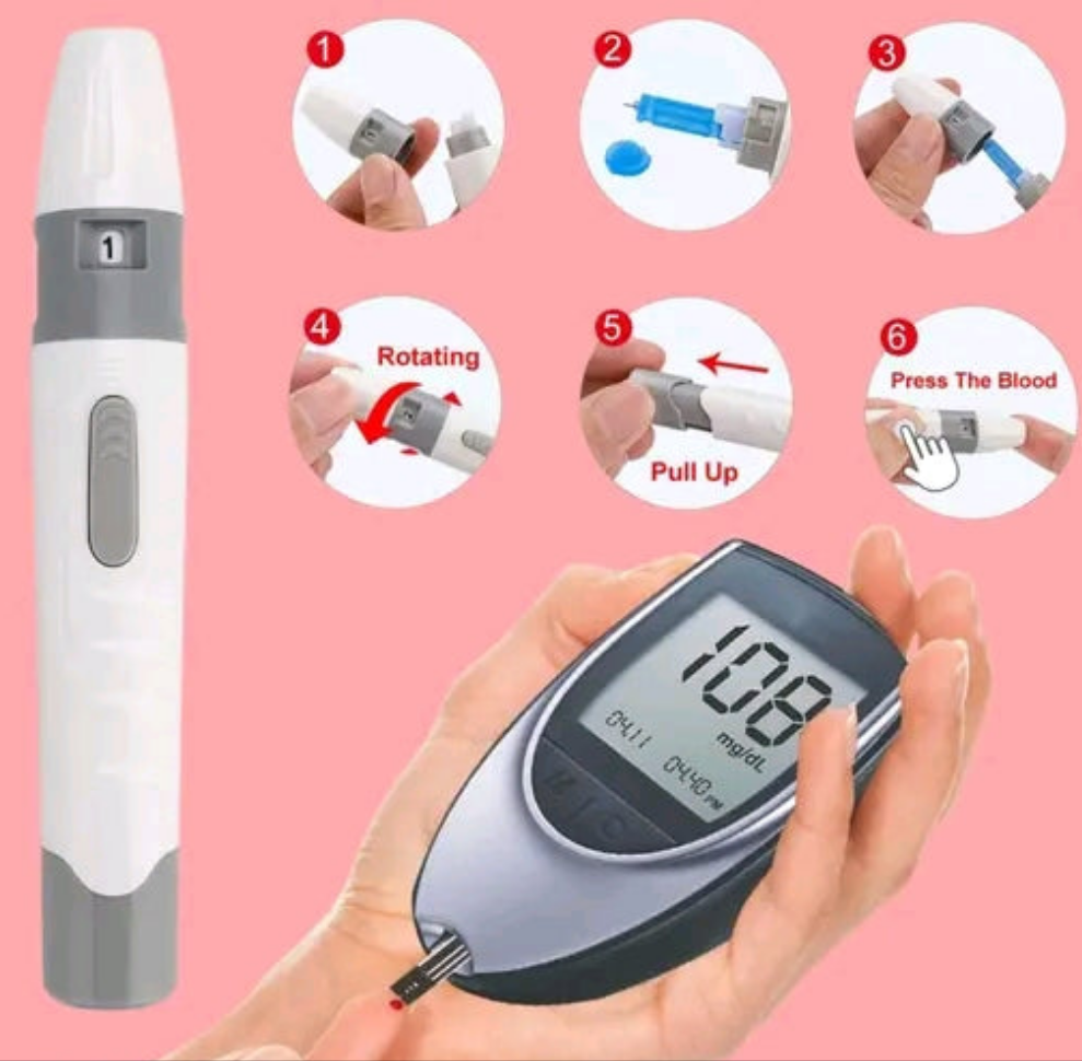 Digital Blood Glucose Monitor, Blood Sugar Check Machine (1 Machine +1 Cell +1 Pen Lancets + Box + Manual + 5 Strips)💫