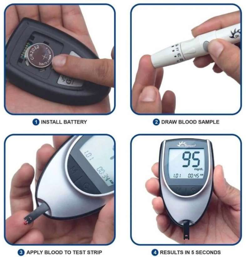 Digital Blood Glucose Monitor, Blood Sugar Check Machine (1 Machine +1 Cell +1 Pen Lancets + Box + Manual + 5 Strips)💫